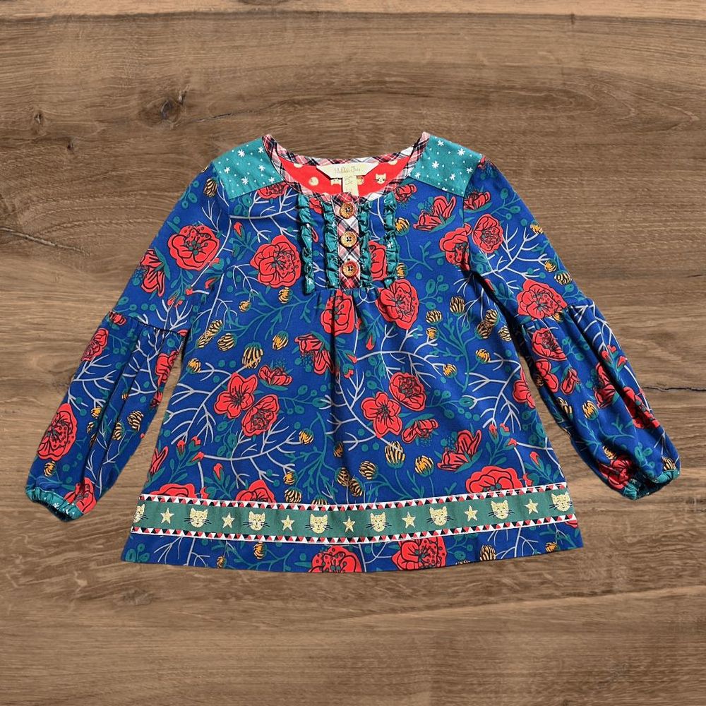 Matilda Jane Make Believe I Believe Blue Red Floral Cats Trim Tunic Top - Size 2